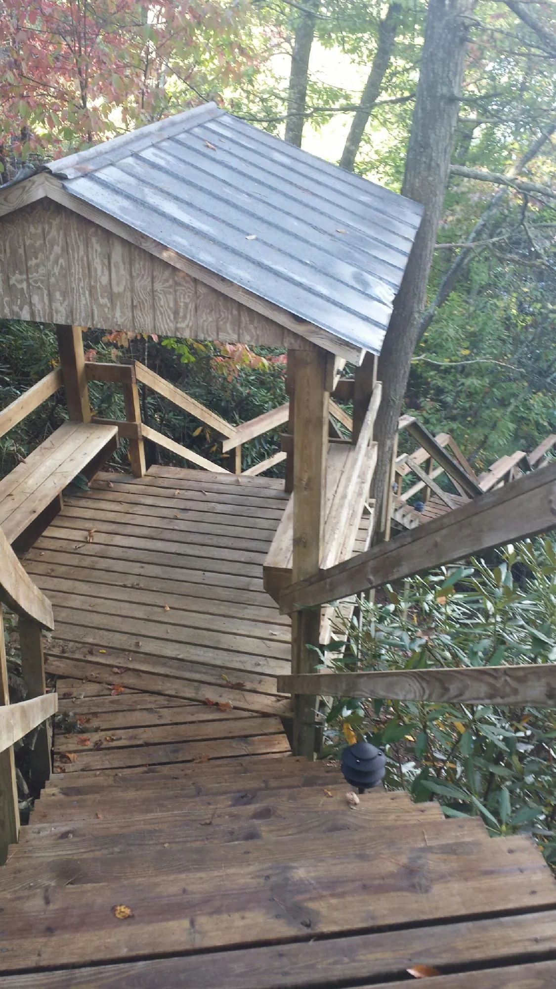 Metal roofed shelter over wooden steps on a wooded walkway — Skylight Repair & Installation work by our crew in Worley